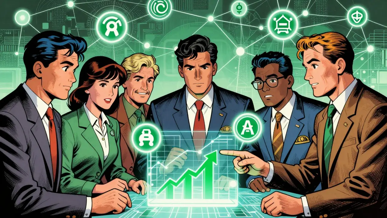 Investors examining holographic green crypto icons in vintage comic style