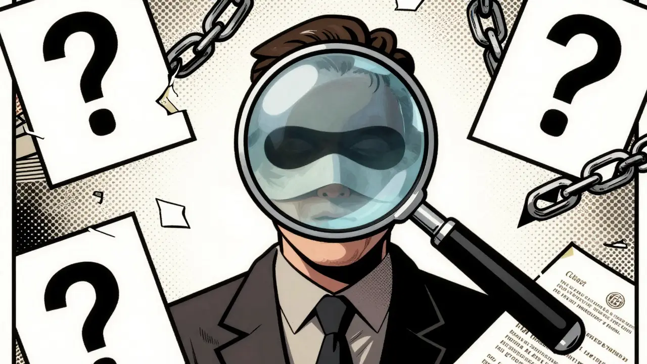 Magnifying glass over masked face symbolizing anonymous ownership