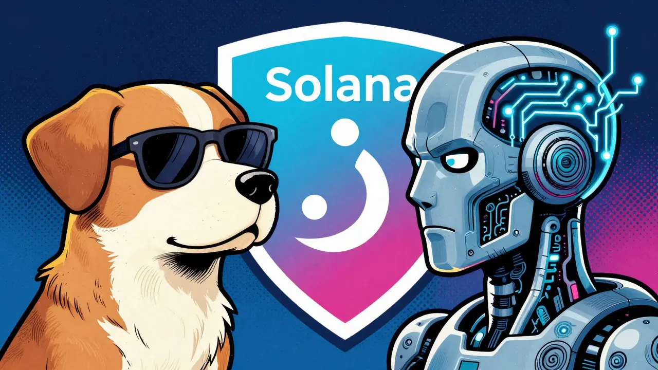 Meme dog merging with AI robot in retro comic book art