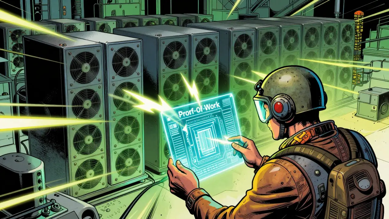 Miners using ASIC hardware for Bitcoin proof-of-work in comic art