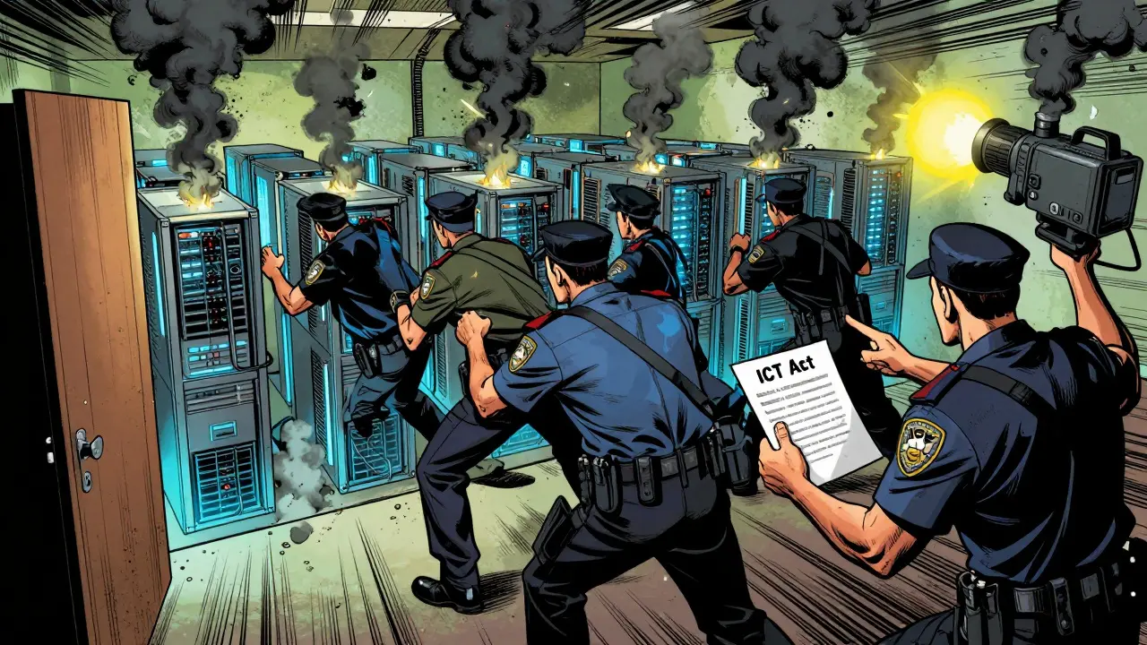 Police raiding hidden crypto mining farm, seizing equipment in vintage comic art