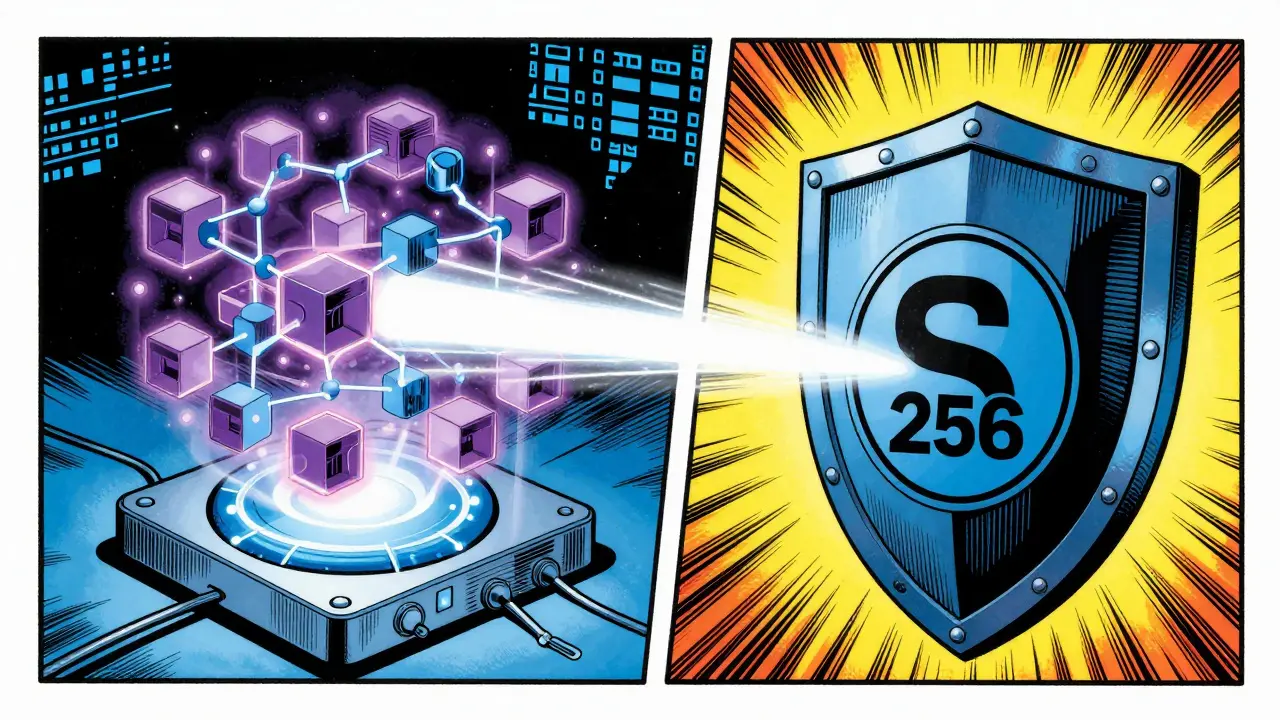 Quantum computer threat vs SHA-256 shield in vintage comic style