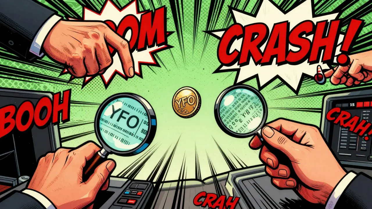Retro comic panel showing volatile YFO trading with chaotic effects