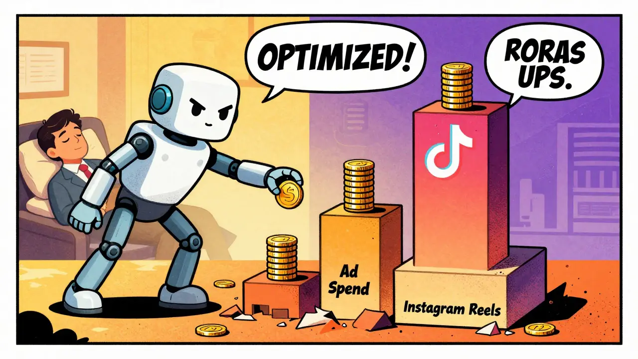 Robot agent shifting ad budget coins between platforms while owner sleeps in comic style.