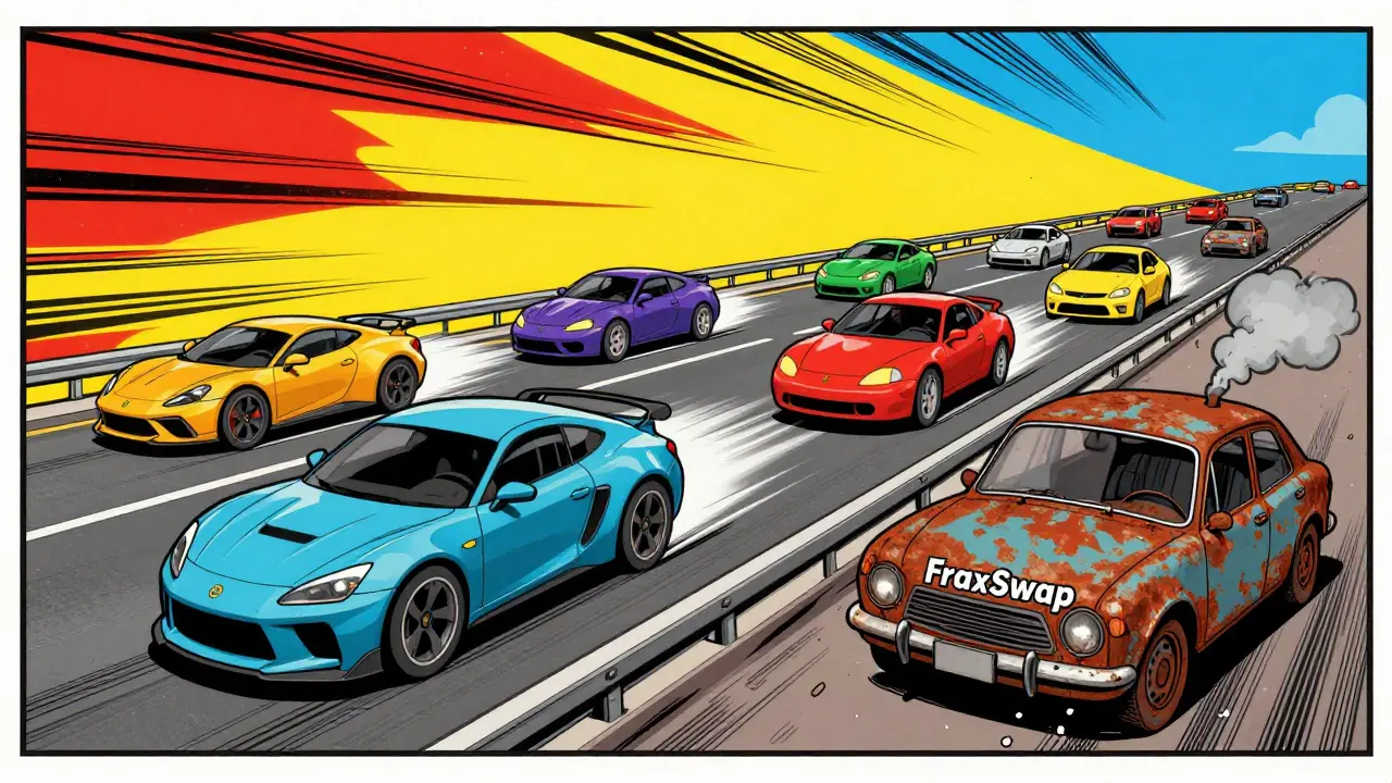 Rusted FraxSwap car idling while others race by