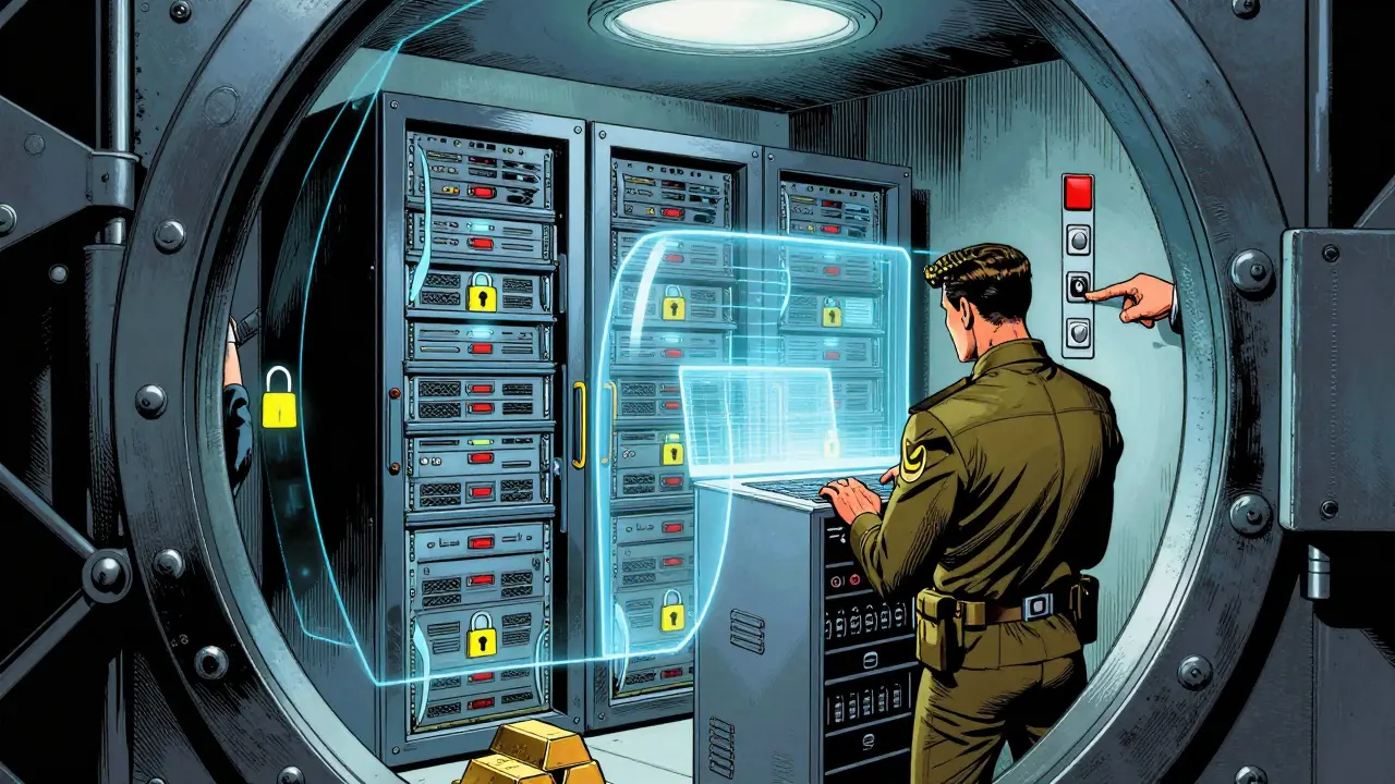 Secure vault with servers and holographic shields protecting digital assets