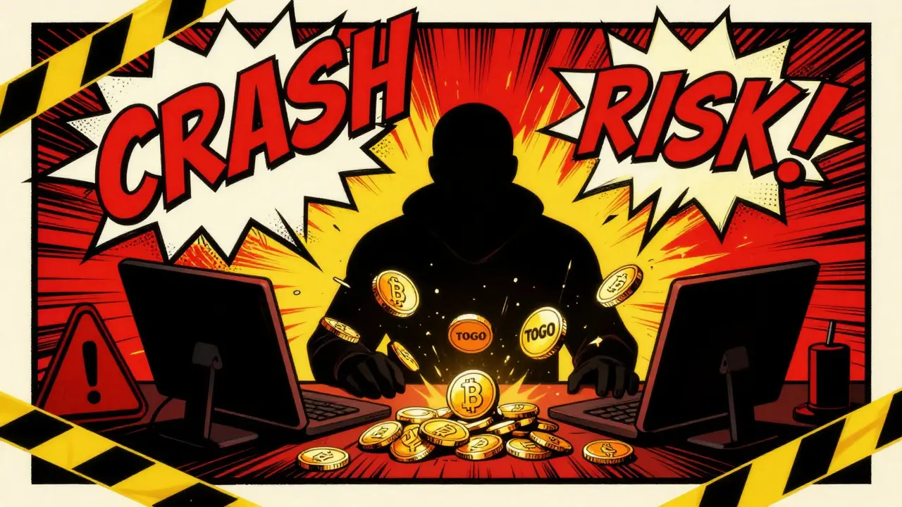 Shadowy trader risking money on volatile crypto coins in a retro comic panel