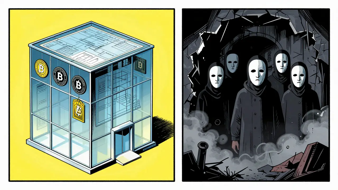 Split panel comparing legitimate transparent project vs dark scam