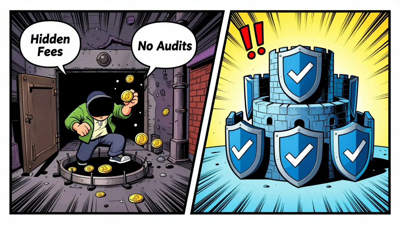Split panel showing dangerous trap vs secure crypto fortress