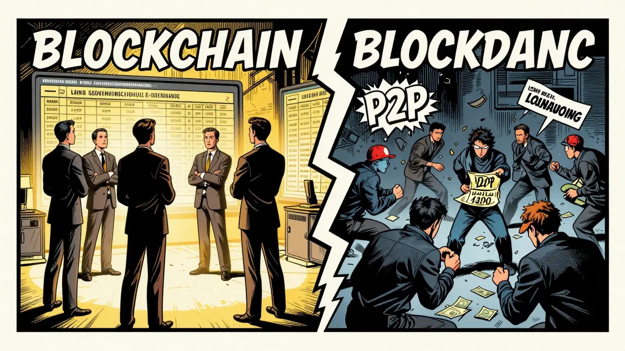 Split panel showing government blockchain use vs illegal crypto trading arrests