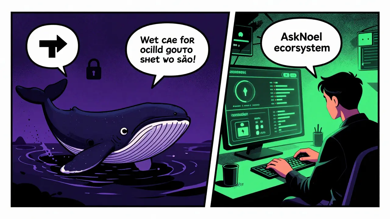 Split view of whale tracking and staking rewards in comic style