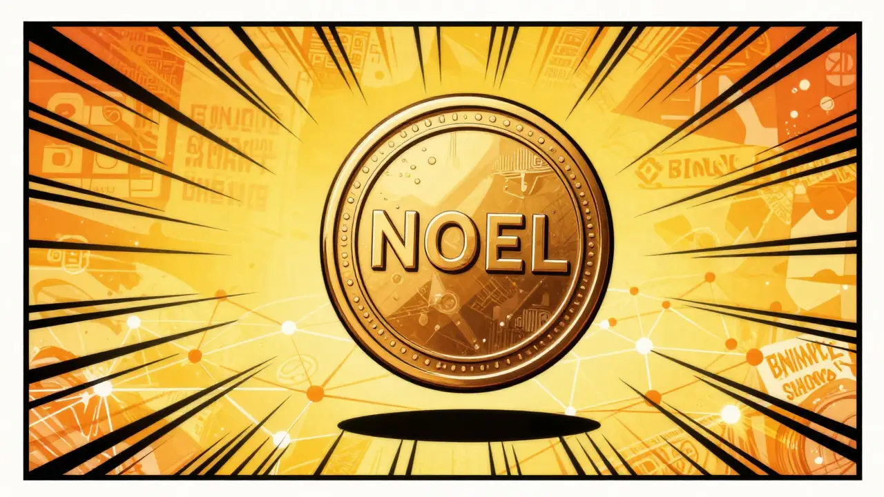 Stylized $NOEL token floating over a digital blockchain network