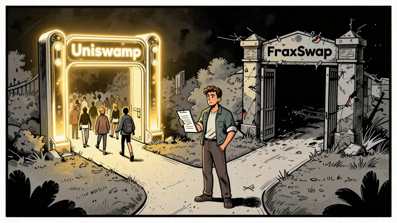 Trader choosing between safe Uniswap and risky FraxSwap