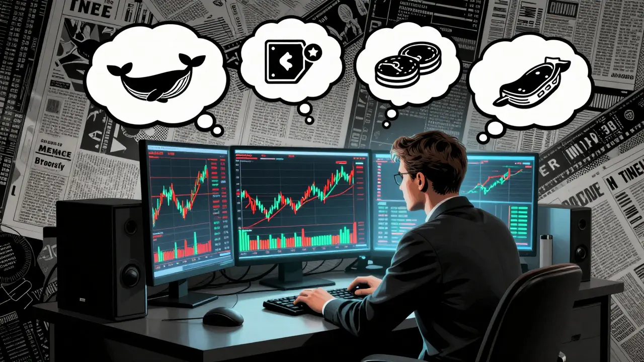 Trader strategizing with holographic charts and asset flow diagrams