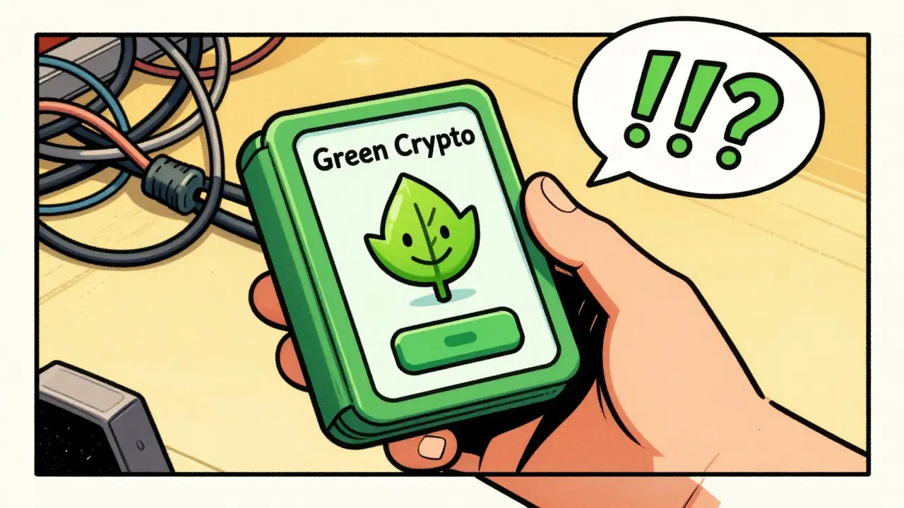 User holding simple green crypto wallet with leaf icon, comic art