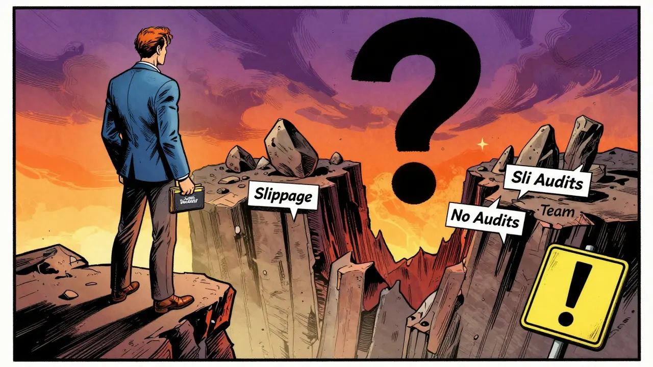 Vintage comic illustration of investor facing crypto risk cliffs