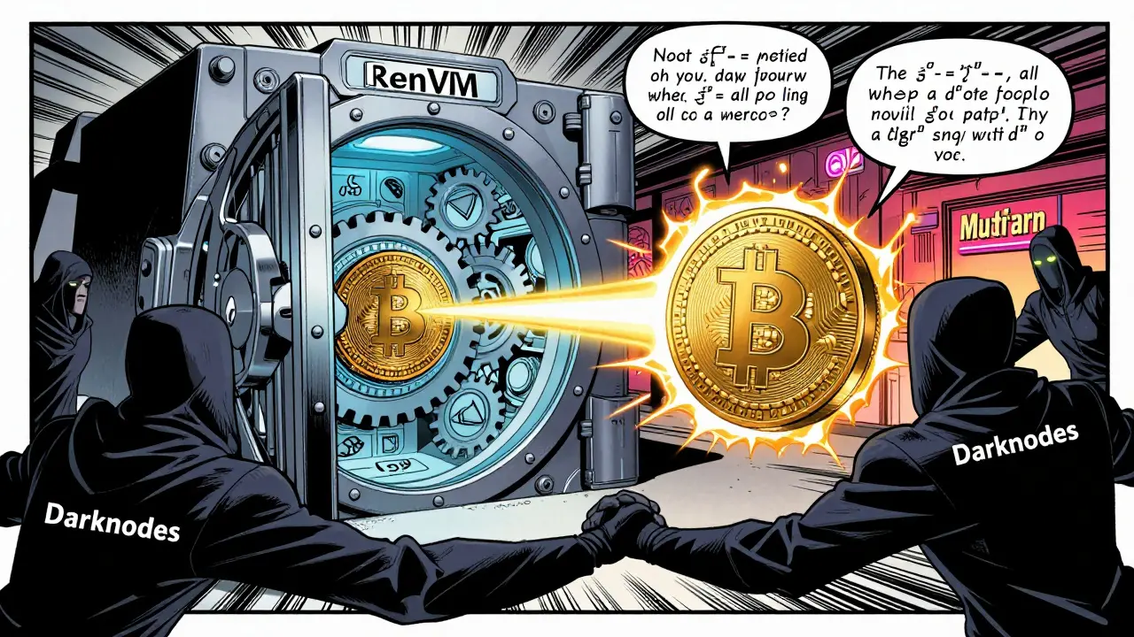 Vintage comic scene of RenVM vault locking Bitcoin and releasing wrapped tokens with Darknode guardians.