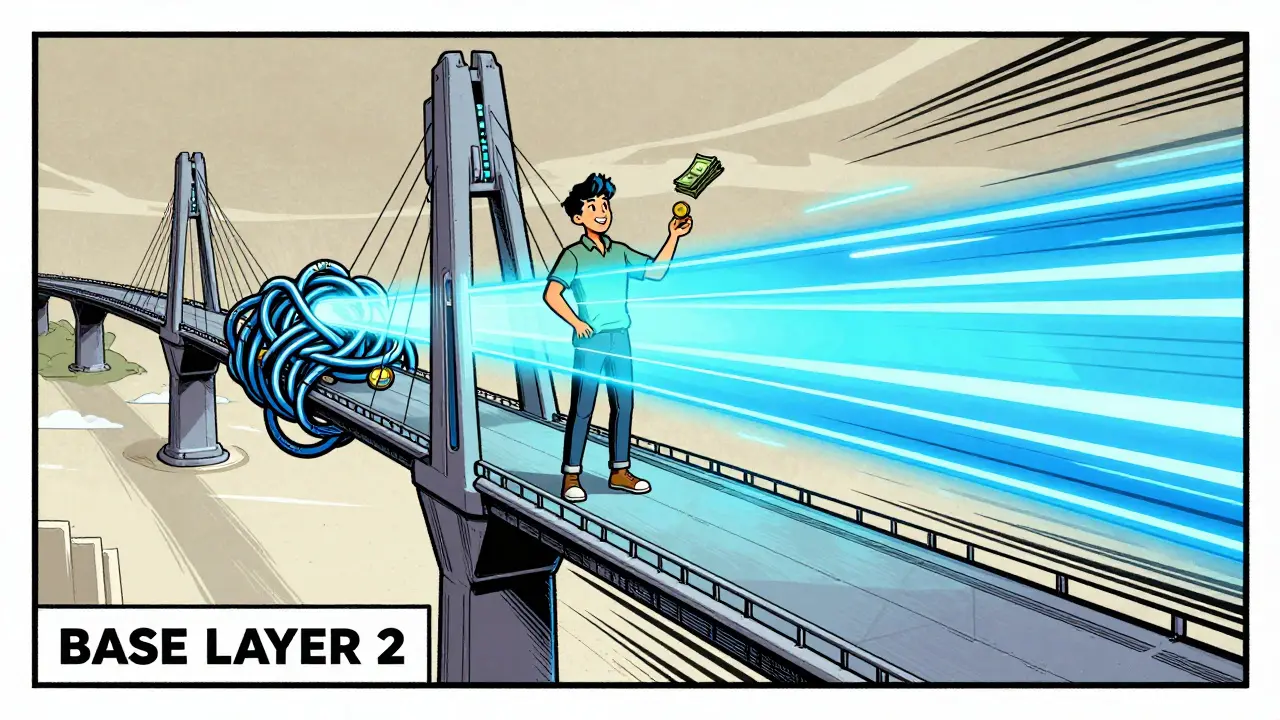 Vintage comic showing Base Layer 2 bridge enabling fast, cheap crypto swaps