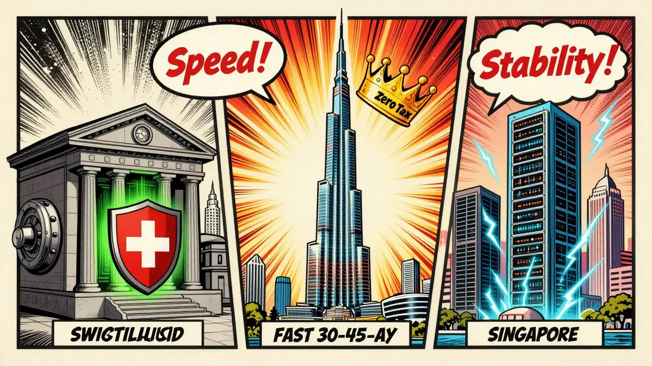 Vintage comic showing Dubai, Switzerland, and Singapore as crypto hubs