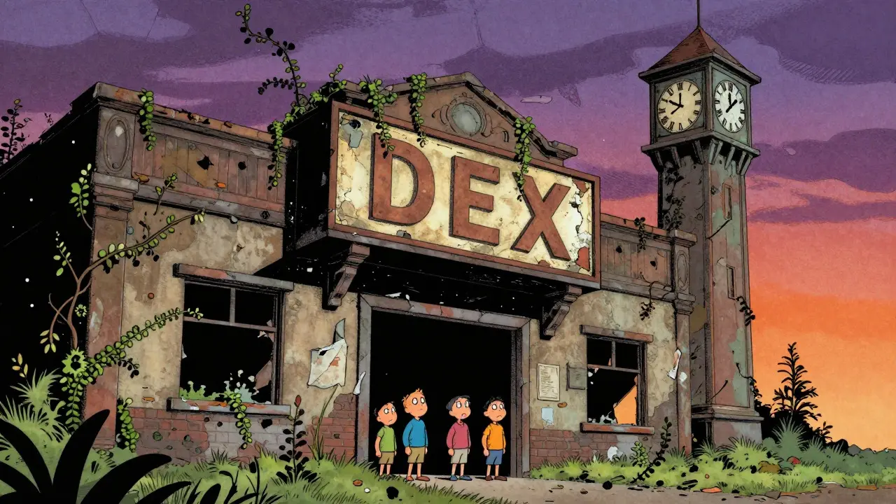 Abandoned DEX building with vines and skeptical users