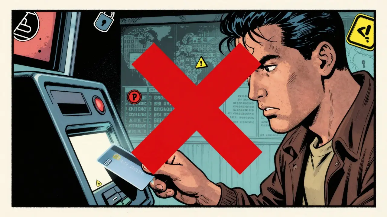 Bank card rejected for crypto purchase in retro comic book illustration