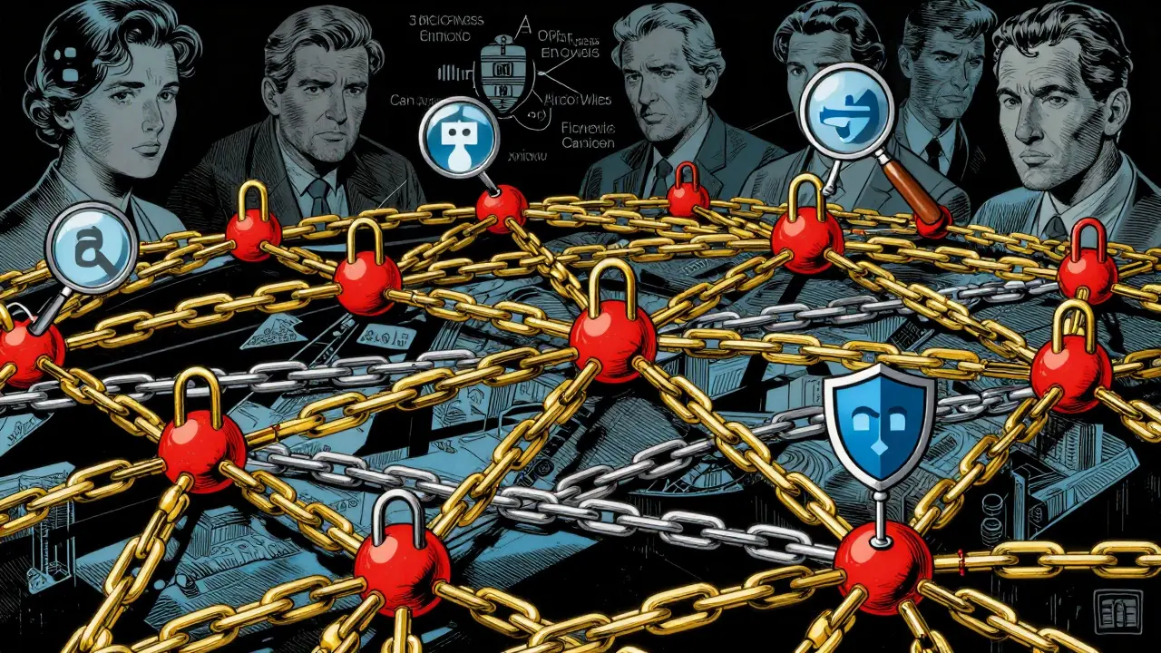 Blockchain analysts tracing and flagging illicit wallet addresses in comic art