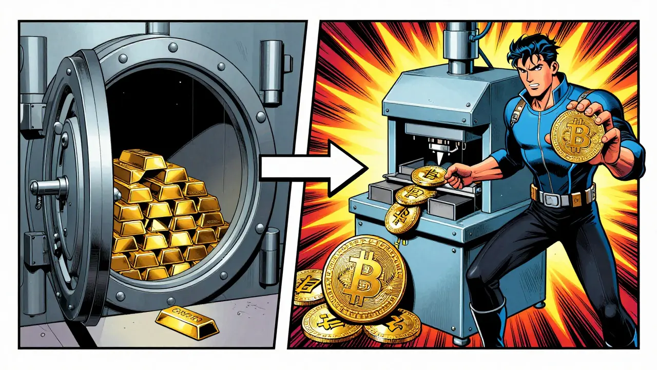 Comic art showing Bitcoin being locked in a vault and minted as WBTC on Ethereum.