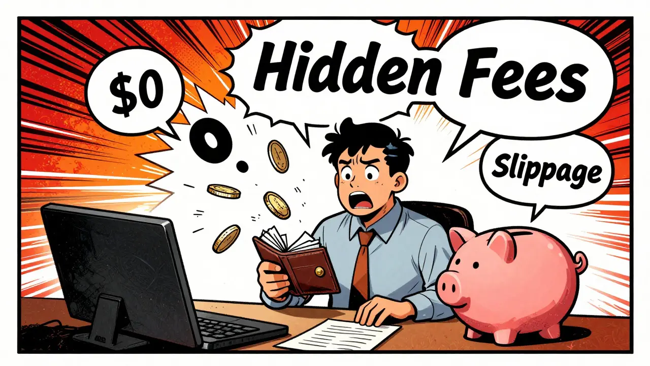 Comic book art of a trader losing money to hidden fees and volatility with dramatic effects.