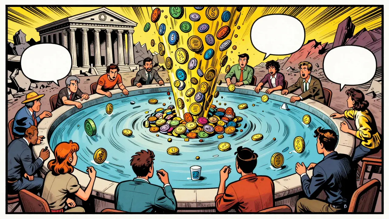 Comic book scene of users trading directly via a decentralized liquidity pool.