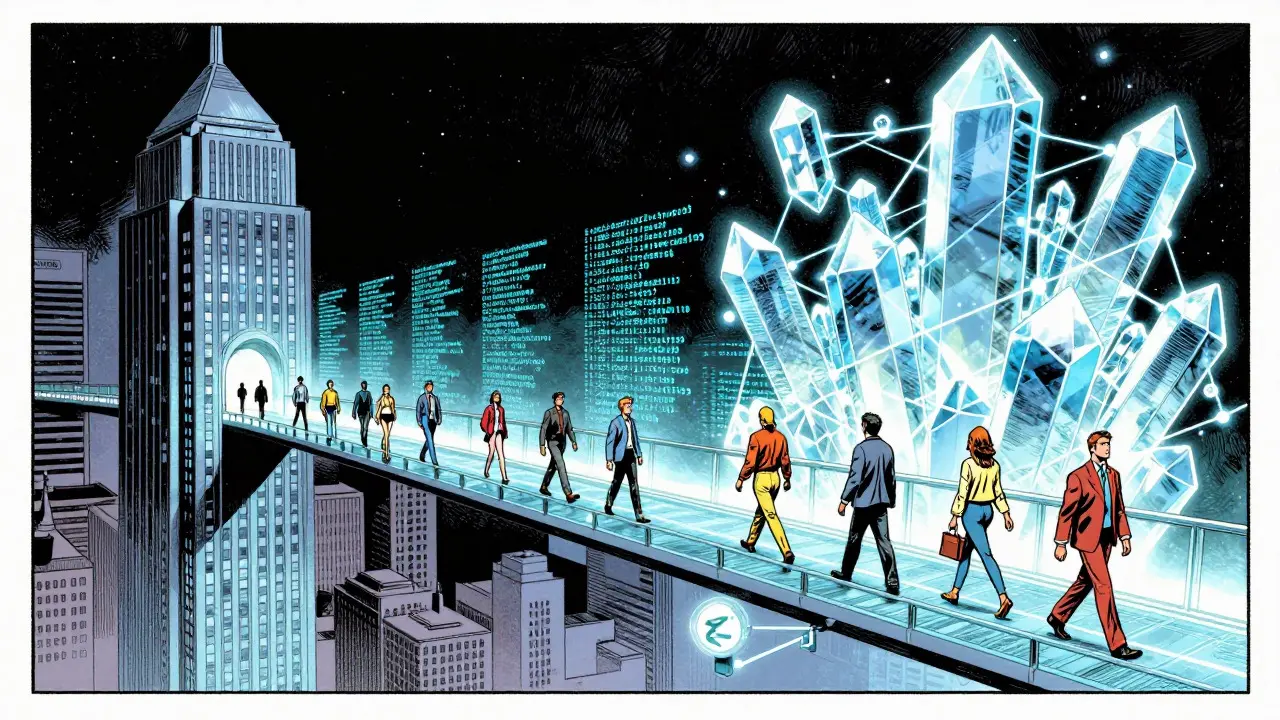 Comic book style image of a bridge connecting a corporate building to a blockchain network, showing hybrid tech future.