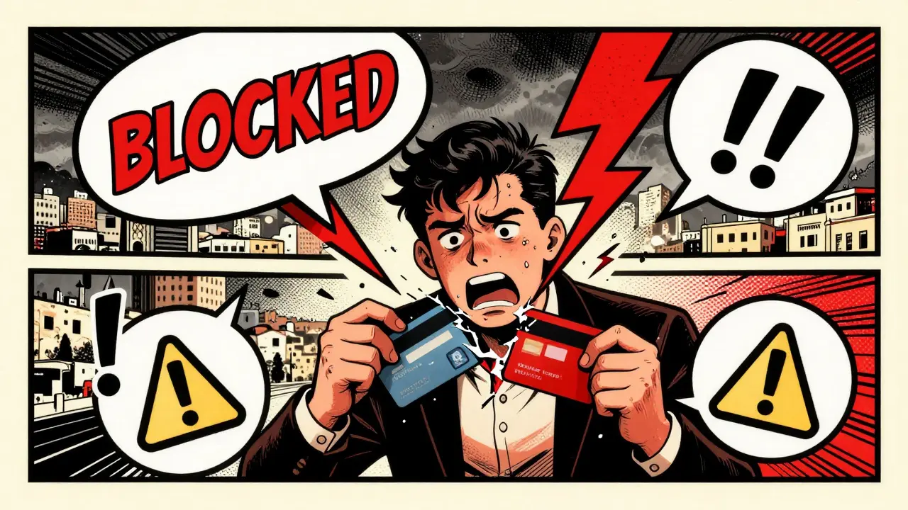 Comic panel showing blocked bank card and financial risks