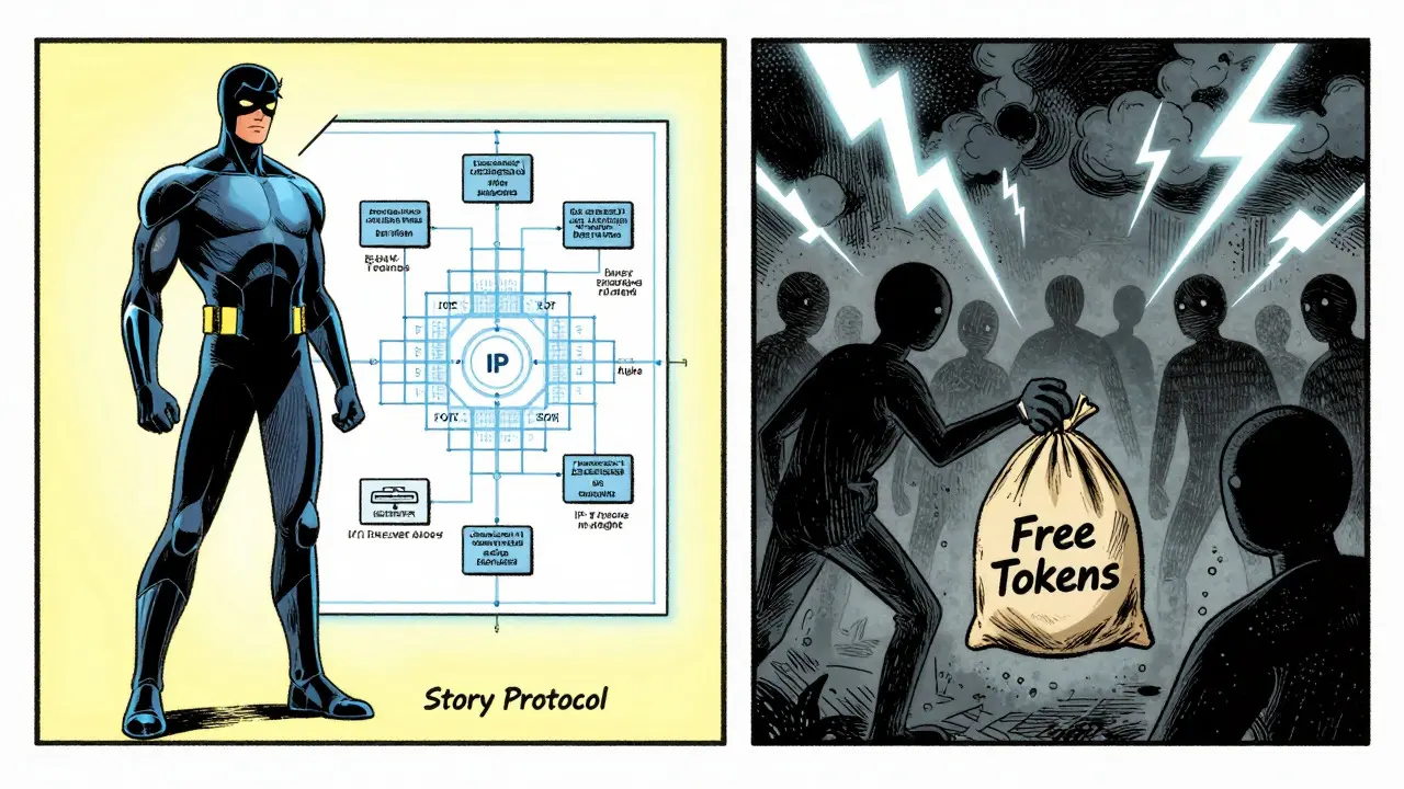 Comic split view: Legitimate Story Protocol vs chaotic fake free token scams