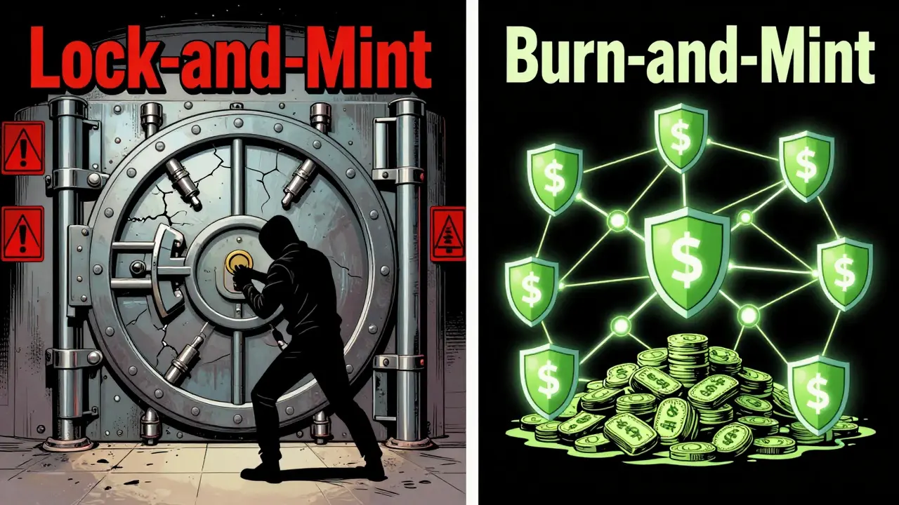 Comparison of vulnerable lock-and-mint vault versus secure decentralized oracle bridge.