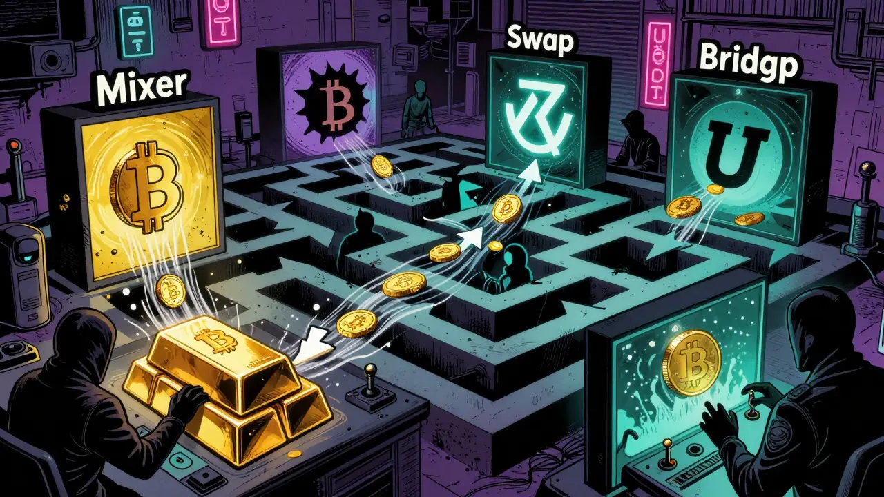 Cryptocurrency funds being laundered through mixers and bridges in comic style