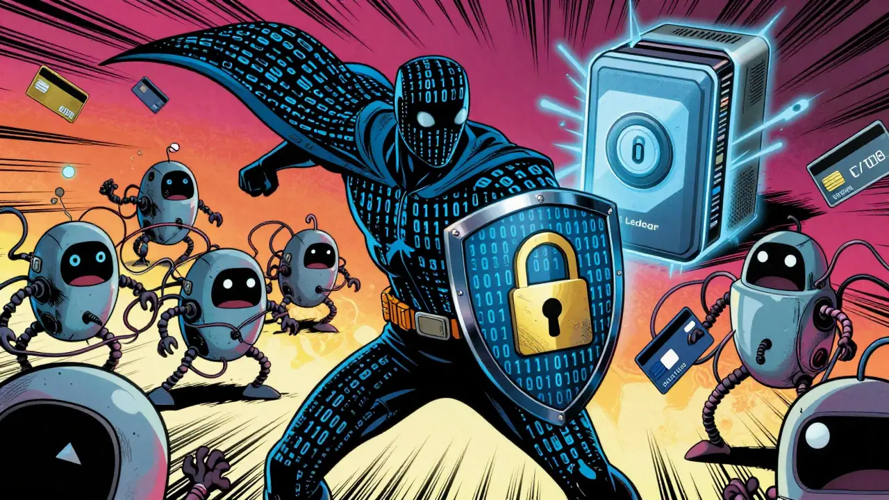 Cybersecurity hero blocking phishing robots with a padlock shield near hardware wallet