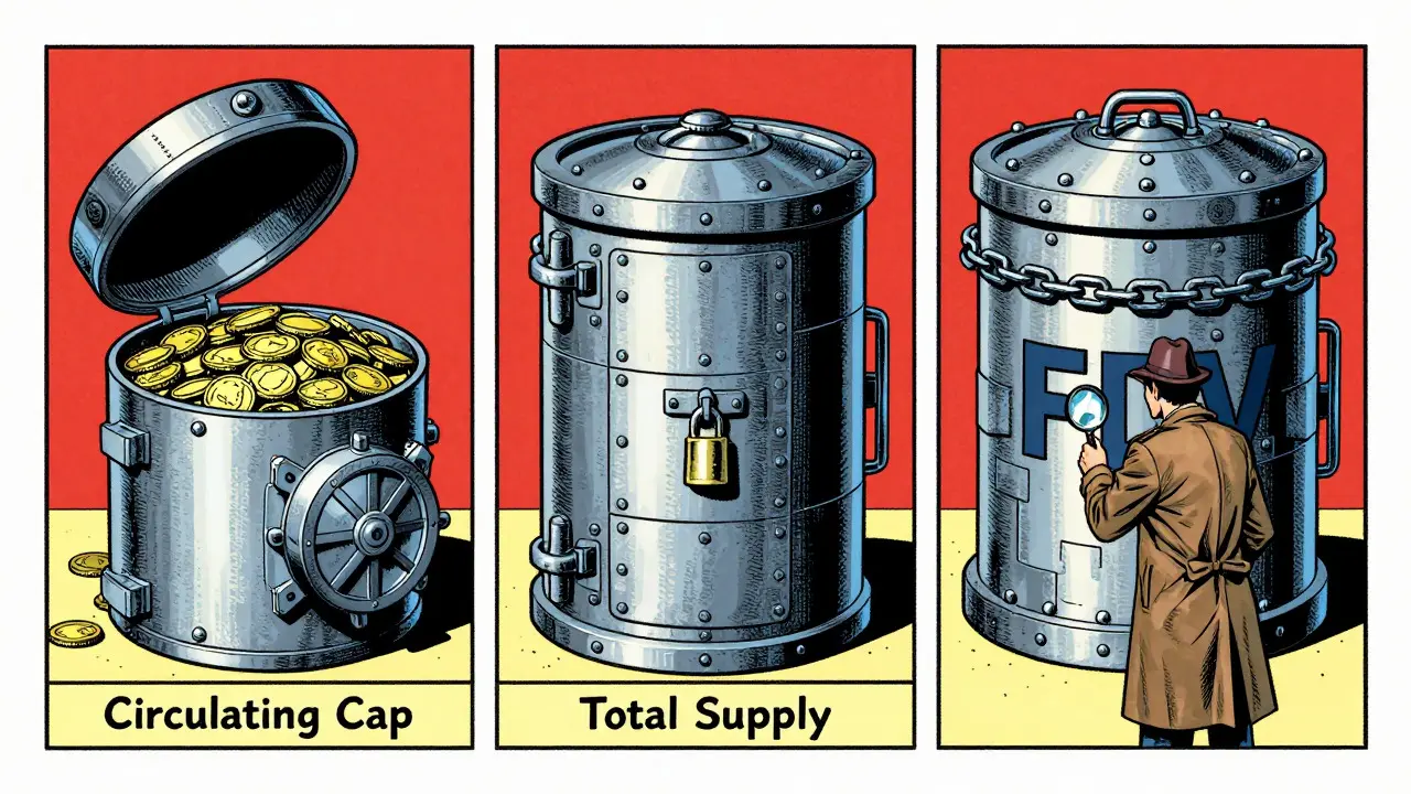 Detective examining circulating, total, and FDV supply vaults
