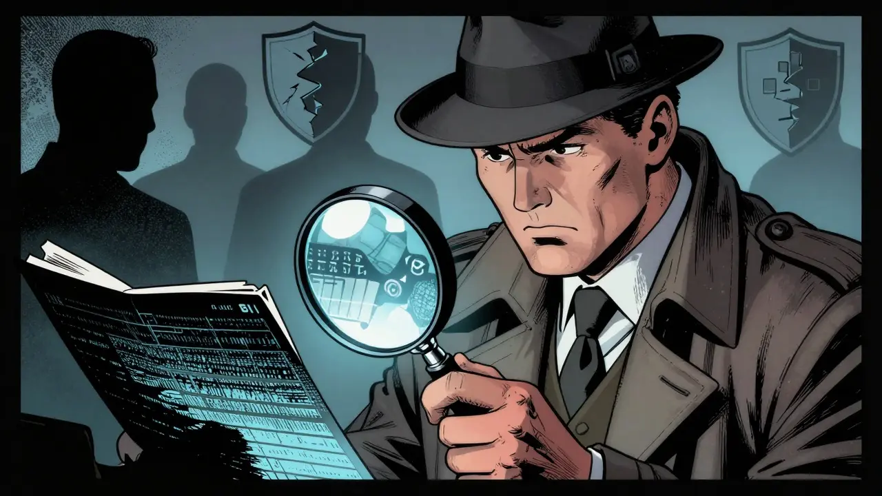 Detective investigating opaque crypto ledger with anonymous shadows in background