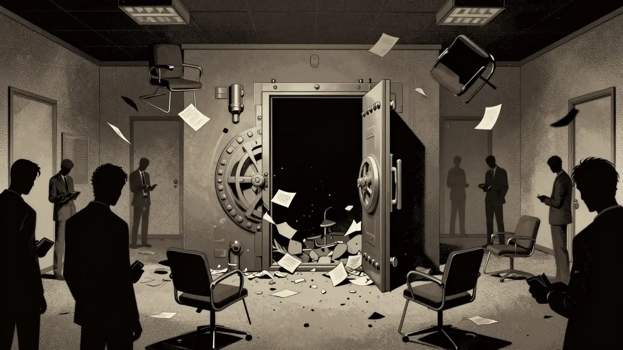 Empty vault and desolate office symbolizing exchange bankruptcy