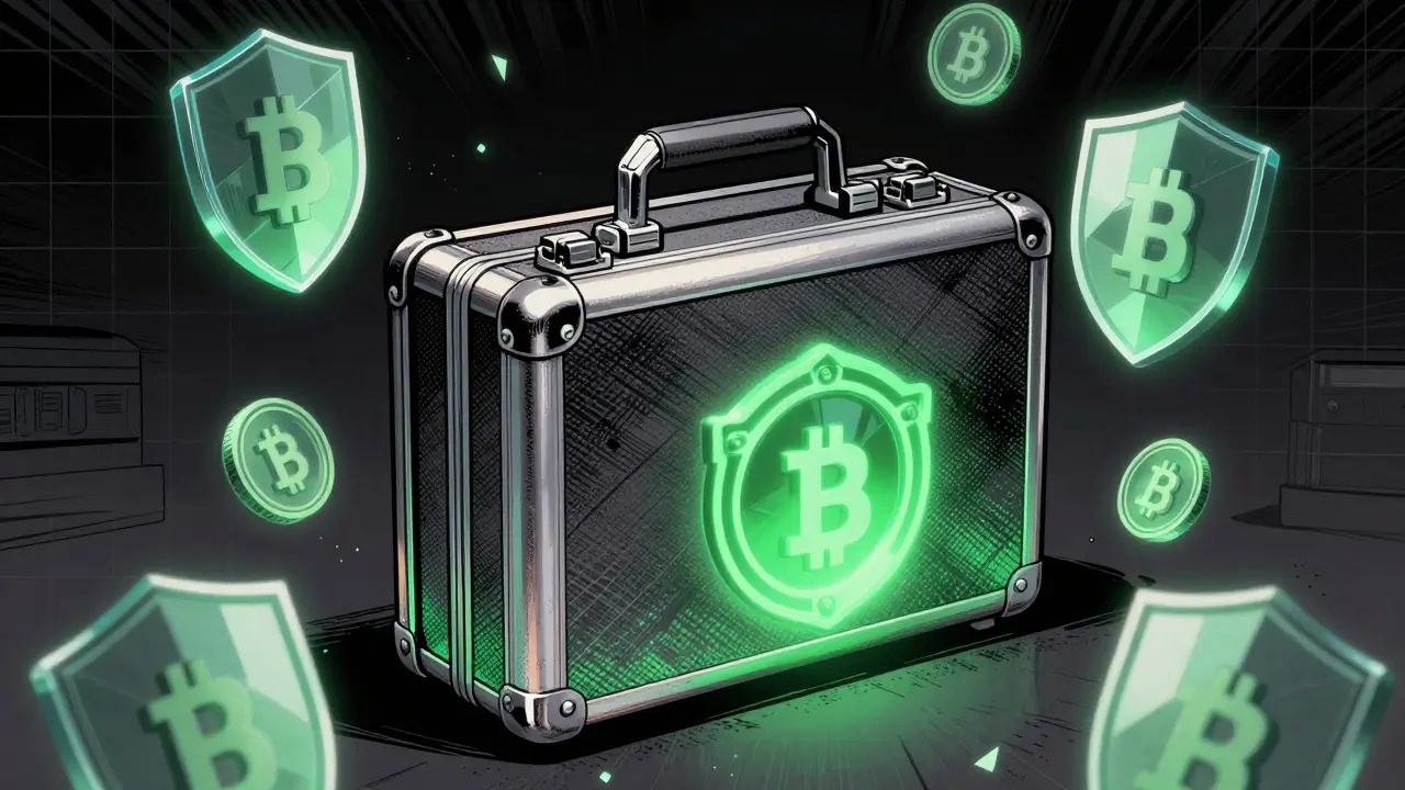 Futuristic wallet with glowing tokens in comic style