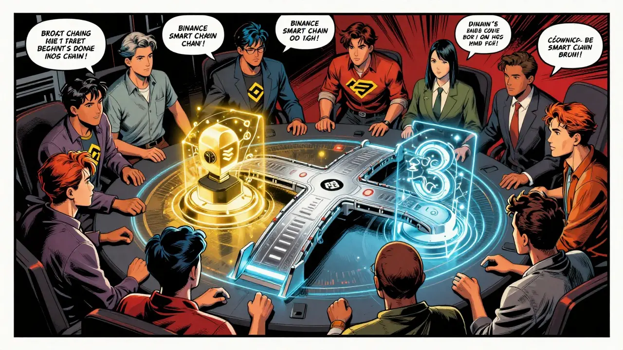 Gamers strategizing around cross-chain bridge in comic style