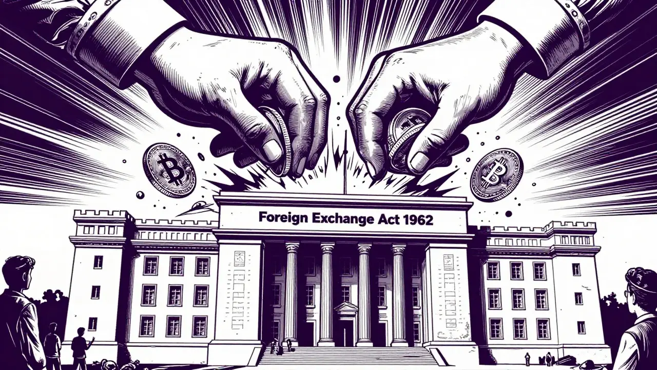 Giant hands crush crypto coins against Nepal Rastra Bank fortress in comic art