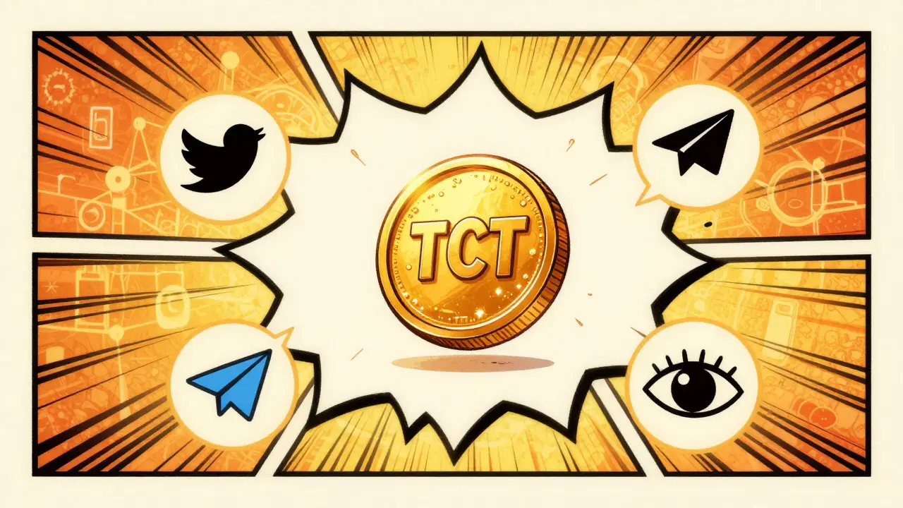 Golden TCT coin with social media icons in comic art