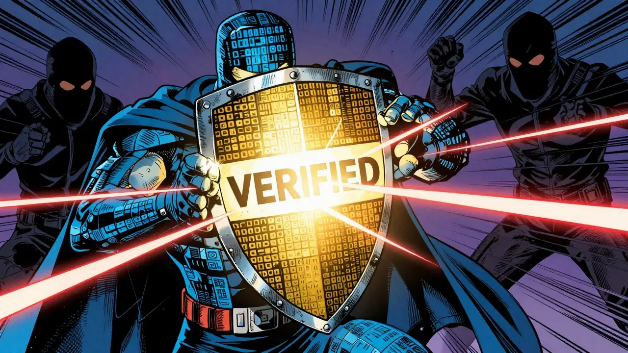 Hero blocking hacker attacks with verified shield in comic art