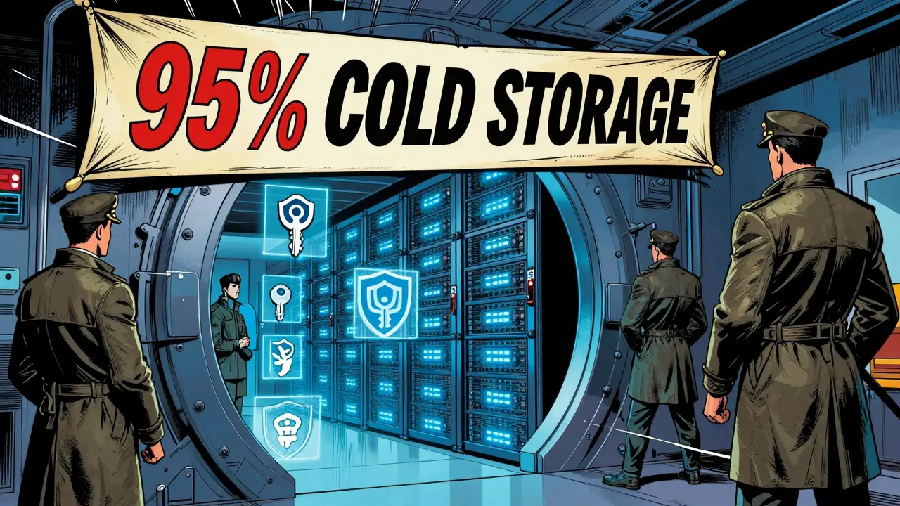 High-tech cold storage vault with security shields in retro comic art