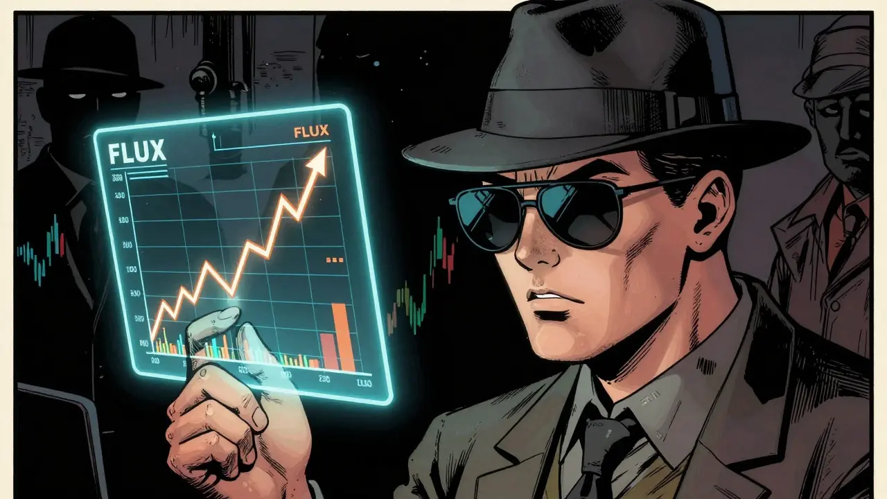 Investor checking rising crypto chart with risks in background, comic style