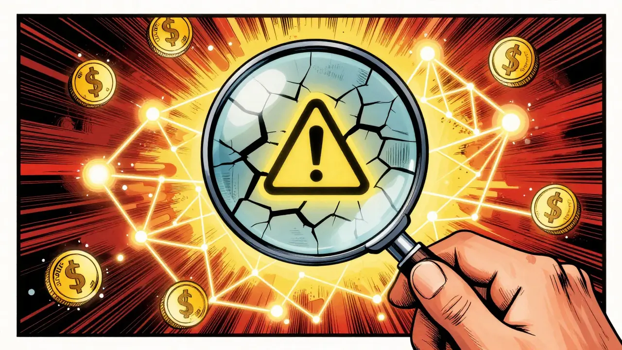 Magnifying glass revealing security flaws in crypto network