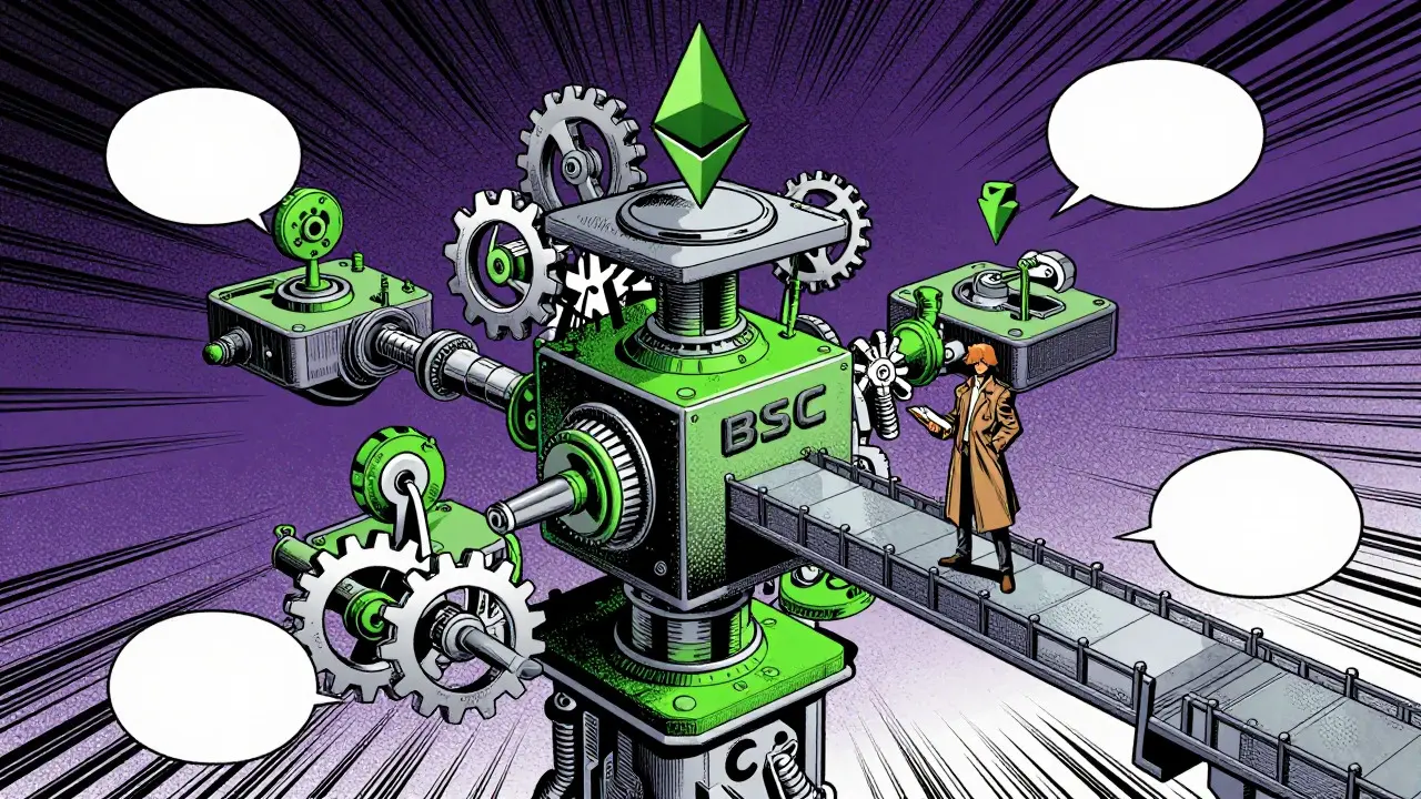 Mechanical gears representing cross-chain DeFi protocol in retro comic art