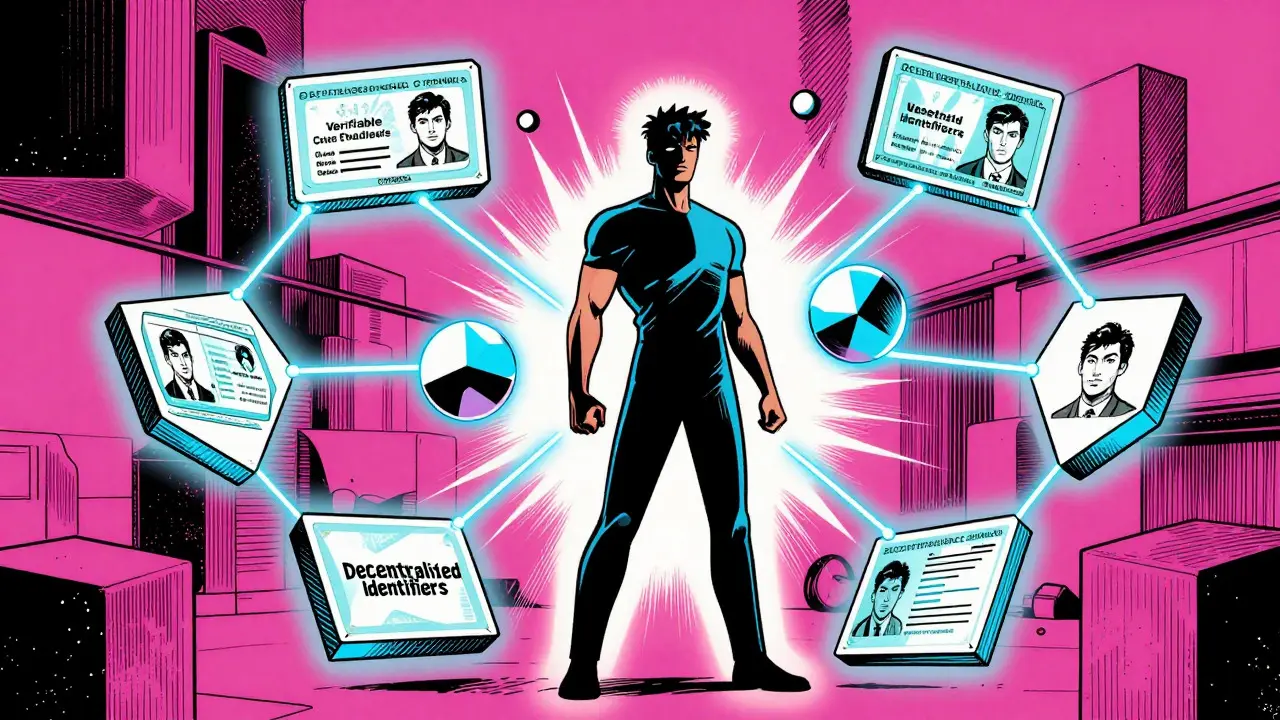 Person surrounded by floating digital credentials and blockchain nodes
