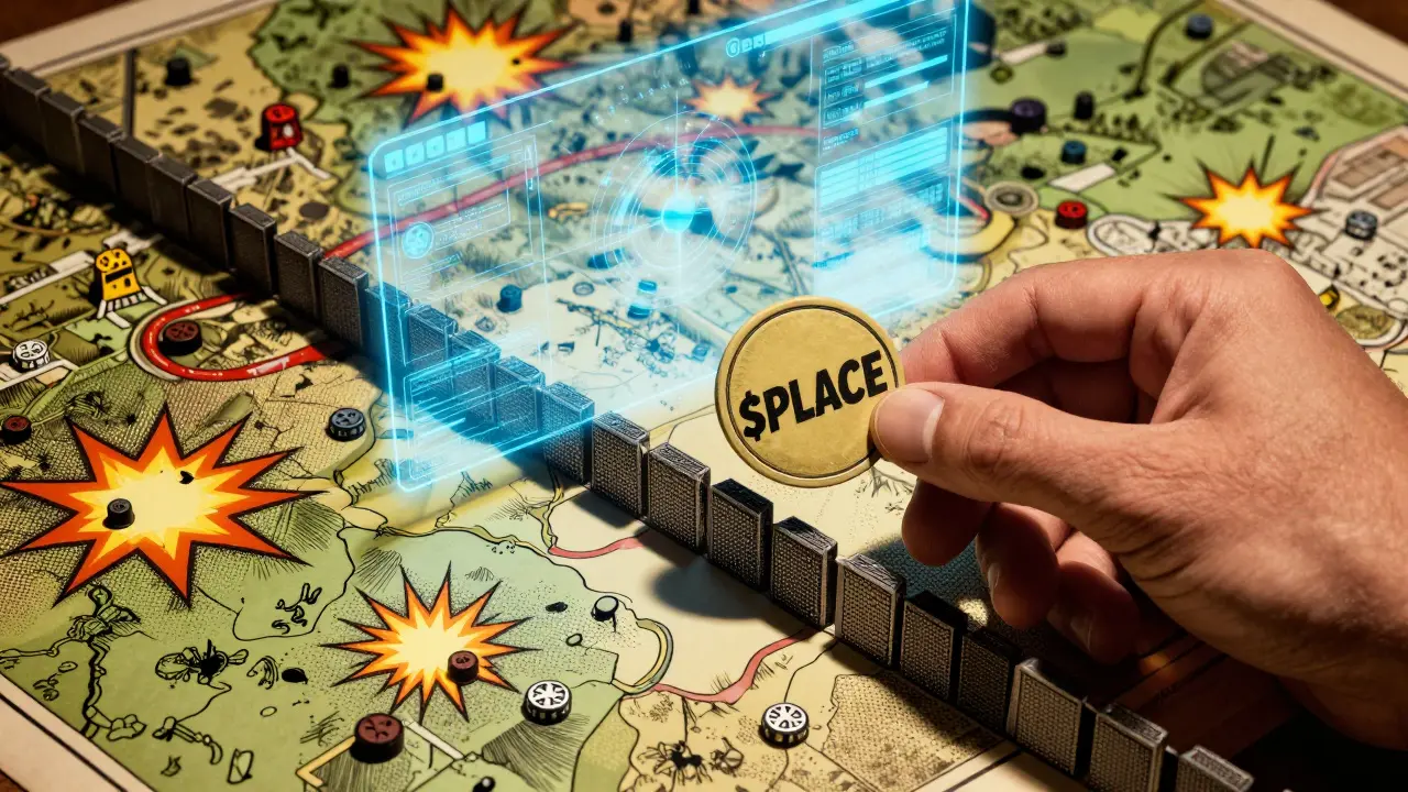 Player holding PLACE token influencing battle map in comic art