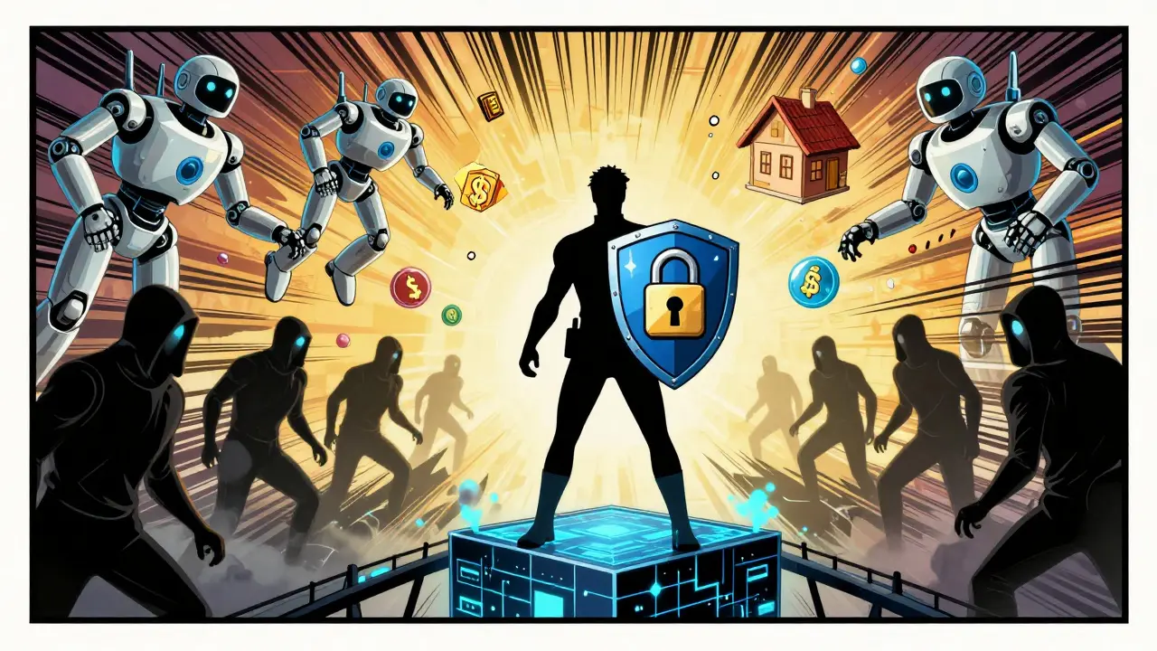 Retro comic illustration of a hero protecting DeFi from hacks and volatility.